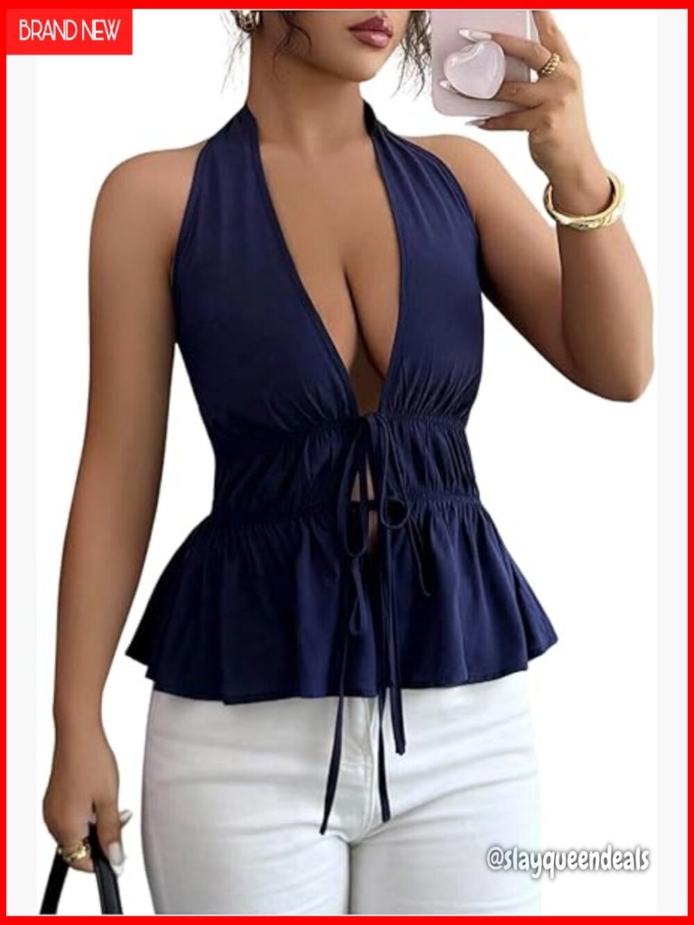 Women's Halter Peplum Cami Top Open Back Tie Front Sleeveless Summer